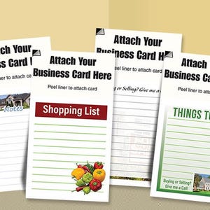 May include: Four white notepads with the text "Attach Your Business Card Here". One notepad says "Notes", another "Shopping List" with a fruit and vegetable illustration, and a third says "Things to Do".