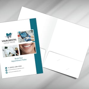 May include: A teal and white dental office brochure with a tooth logo, images of dental procedures, and contact information. The text reads "Your Dental Logo Here", "Book Your Appointment Today", "+1 (800)-238-1234", "youremail@yourwebsite.com", and "www.yourwebsite.com".