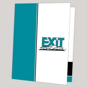 May include: A teal blue and black folder with the word "EXIT" in teal blue letters and a graphic of houses. The folder is folded in half.