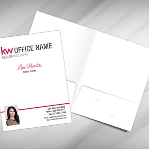 May include: A white real estate business card with a red and white logo that says "kw KELLERWILLIAMS". The text "OFFICE NAME" is in black. The name "Lisa Borders" is in red cursive text. The text "Broker Owner" is in black. A headshot of a woman is in the bottom left corner. Contact information is listed below the headshot.