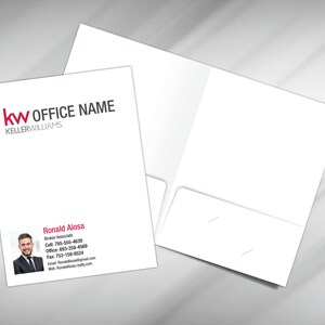 May include: A white presentation folder with a red and black Keller Williams logo and contact information for Ronald Aiosa, a Broker Associate. The folder has two pockets on the inside.