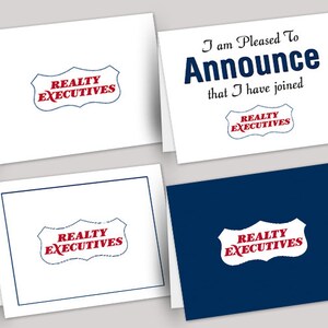 May include: Four white cards with a blue and red logo that says "REALTY EXECUTIVES". One card has the text "I am Pleased To Announce that I have joined".