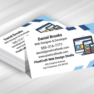 May include: A stack of white business cards featuring the name Daniel Brooks, Web Designer & Developer, phone number 555-214-7771, email, website, and address 420 Creative Avenue, San Francisco, CA 94103, with a blue graphic of digital devices.