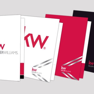 May include: A set of five red, white, and black folders with the Keller Williams logo and the letters "kw" in red. The folders have a silver stripe design.