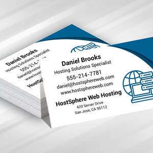 May include: A stack of white business cards with dark blue curved accents. The text reads Daniel Brooks, Hosting Solutions Specialist, 555-214-7781, daniel@hostsphereweb.com, www.hostsphereweb.com, HostSphere Web Hosting, 420 Server Drive, San Jose, CA 95112.