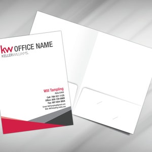 May include: A white real estate folder with a red and gray design. The folder has the Keller Williams logo and the text "kw OFFICE NAME" in black. The folder also has the contact information for a realtor named Will Tampling.