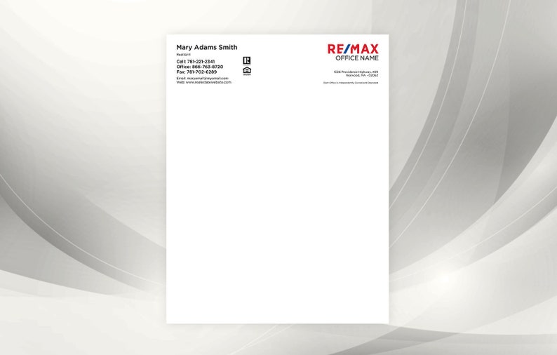 RE/MAX Letterheads, Professional Letterheads, Personalized Realtor & RE Office letterheads, Remax Branded Letterheads Agent Letterhead