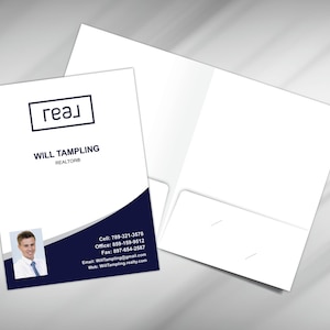 May include: A white real estate folder with a blue and gray design. The front of the folder has a photo of a man, the company name "геал", and the name "Will Tampling, Realtor". The back of the folder has contact information for Will Tampling.