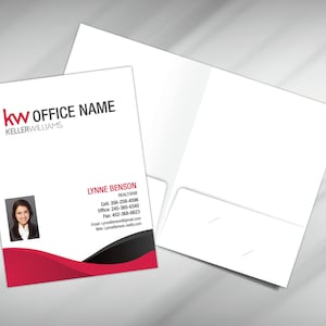 May include: A red and black real estate folder with the Keller Williams logo and the text "kW OFFICE NAME". The folder also includes a photo of a woman and contact information for Lynne Benson, Realtor.
