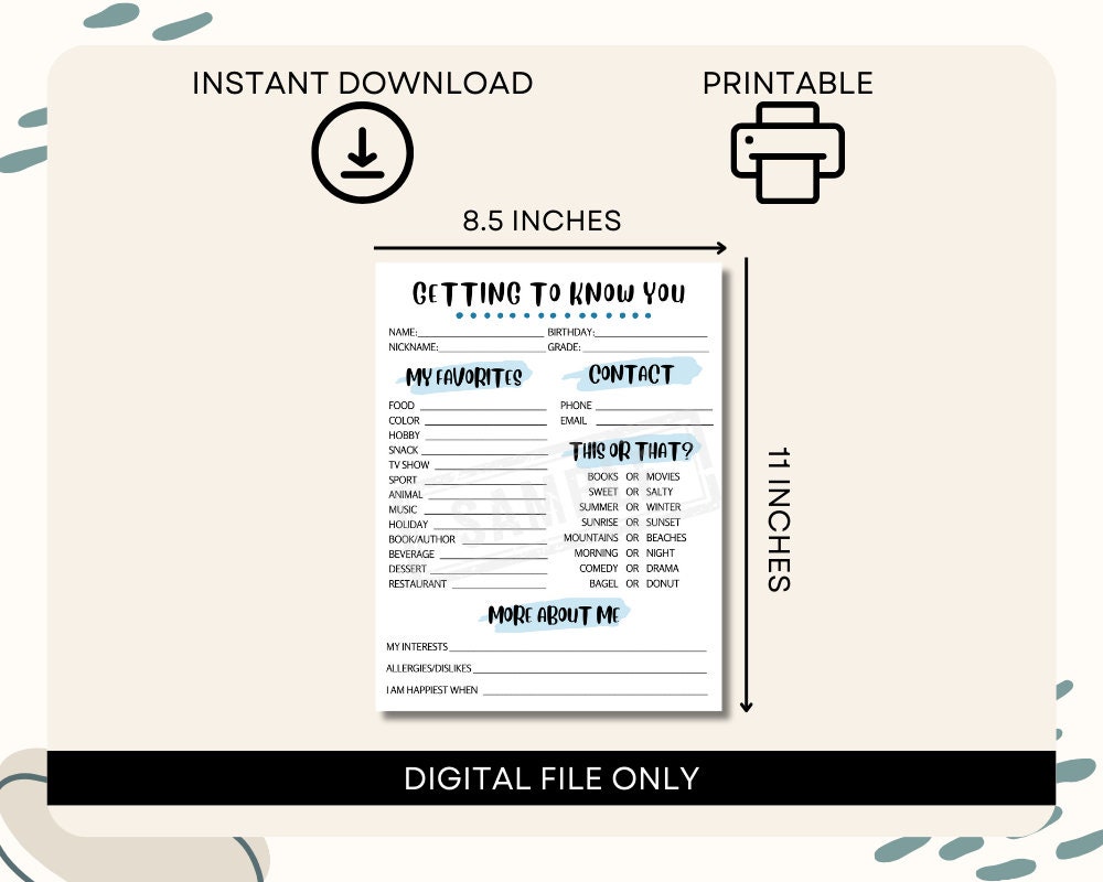Get to Know You Survey, Get to Know You Printable, All About Me, New