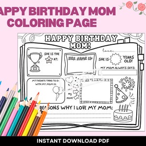 Página para colorir de feliz aniversário mãe, tudo sobre mãe, cartão de aniversário de feliz aniversário mãe, folha de atividades de jogo americano de feliz aniversário mãe