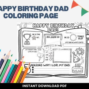 お父さんお誕生日おめでとうぬり絵、お父さんについて、お父さんお誕生日おめでとうバースデーカード、お父さんお誕生日おめでとうプレースマットアクティビティシート