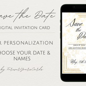 Salva la data Partecipazione di nozze digitale Invito a nozze glamour in oro Modello di invito Invio di cartoline elettroniche personalizzate tramite WhatsApp