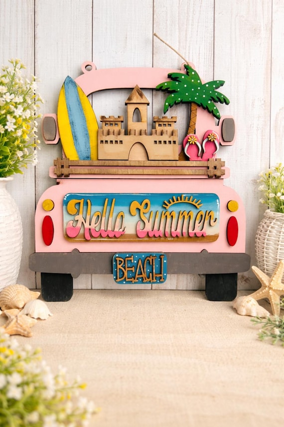 Summer Beach Truck Sign, Coastal Surf Door Hanger, Tropical Home Decor