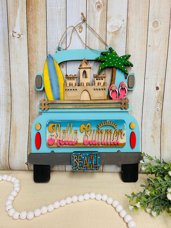 Summer Beach Truck Sign, Coastal Surf Door Hanger, Tropical Home Decor