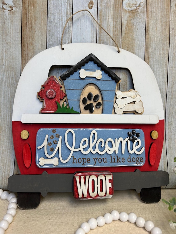 Dog Welcome Door Hanger, Entryway Sign, Hand-Painted Home Decor