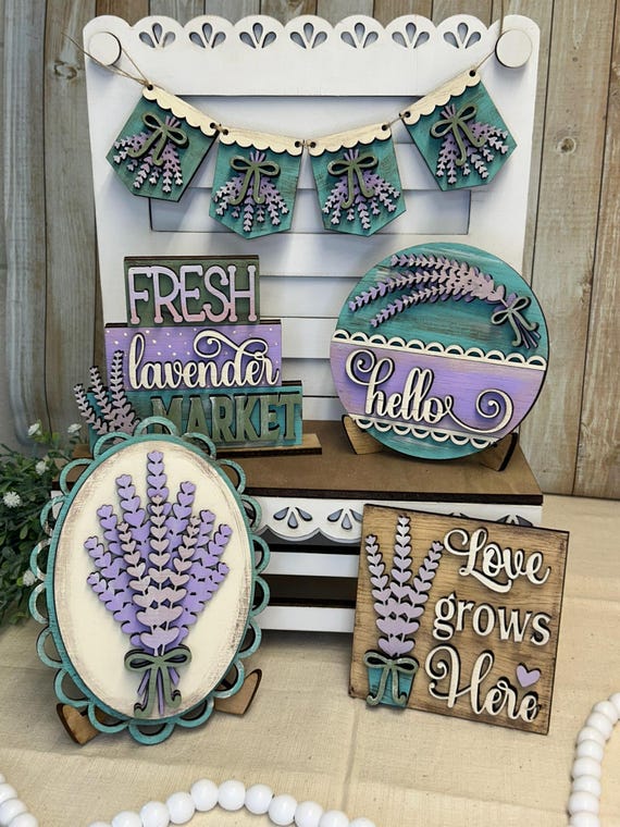 Farm Fresh Lavender Tiered Tray Decor Set, Cottage Farmhouse Botanical Kitchen Accent