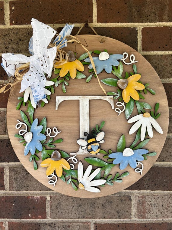 Personalized Floral Initial Door Sign | Shabby Chic Farmhouse Decor, Hand-Painted Bee Accent