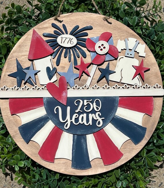 Patriotic 250 Years Door Hanger | Americana Bicentennial Decor | Fourth of July Wooden Door Sign | 1776 Firework Wreath | USA Porch Decor