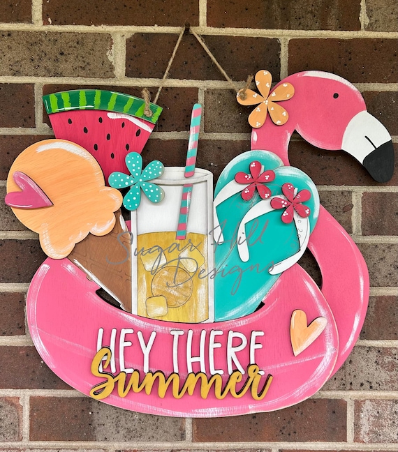 Flamingo Summer Door Hanger | Watermelon, Ice Cream, Flip Flops Porch Sign
