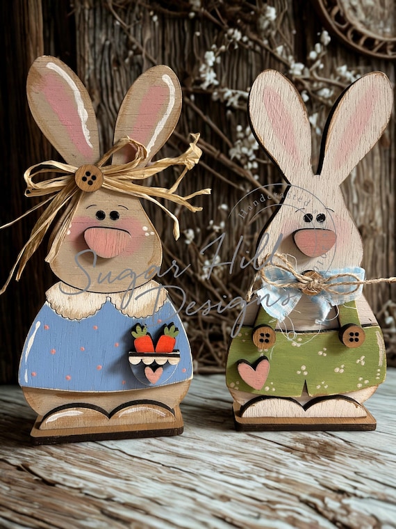 Set of 2 Bunny Patch Shelf Sitters, Distressed Farmhouse Easter Decor, Spring Tiered Tray