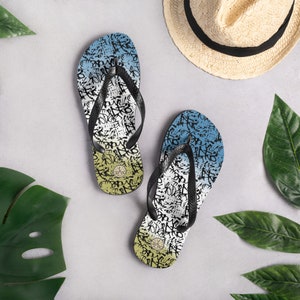 Graffiti flip flops, Retro Flip-Flops, vintage pattern flip flops, holiday pool flip flops, travel flip flops, mothers day gift