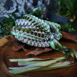 Verdant Veil - Nature Green and Serene Rainy-Sky Gray Braided Handfasting Ribbon with Optional Charms | Handmade Wedding Ceremony Cord