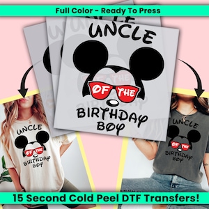 May include: A white t-shirt with a black and red Mickey Mouse design. The design includes the text "Uncle of the Birthday Boy".