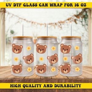Cute Bear 16oz UV Dtf, Bear Pattern Ready to Apply Cup Wrap, Bear Design Stickers UV Dtf, 16oz Glass Can Wrap - WRAP047