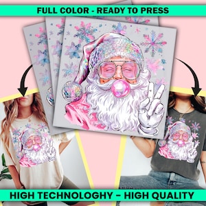 Disco Santa Ready To Press, Cool Bubble Gum and Peace Sign Santa Dtf Transfer, Santa With Sunglasses Heat Press, Cold Dtf Transfer- SSCO2923