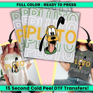 May include: A digital transfer design featuring Pluto, the Disney dog, with the word "Pluto" repeated in a retro style. The design is on a white background with green and yellow accents. The design is ready to be pressed onto a t-shirt or other fabric.