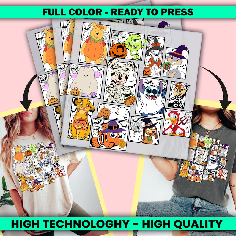 The image is a collage of various Halloween-themed illustrations, including characters, animals, and decorations. The collage is labeled as "Full Color - Ready to Press" and "High Technology - High Quality", indicating that it is a high-quality, ready-to-print image.