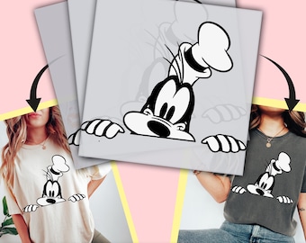 May include: Black and white cartoon illustration of a dog wearing a hat peeking over a surface. The image is on a white background. 15 Second Cold Peel DTF Transfers!