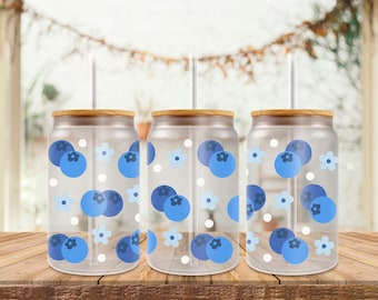 Cute Blueberry 16oz UV Dtf, Blueberry Ready to Apply Cup Wrap, Stickers UV Dtf, 16oz Glass Can Wrap - WRAP054