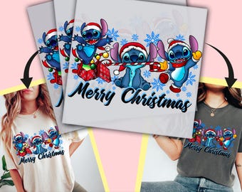 May include: A sublimation design featuring three blue Stitch characters from the Disney movie Lilo & Stitch. The characters are wearing Santa hats and holding candy canes. The text "Merry Christmas" is written in black below the characters.
