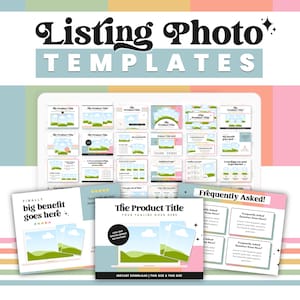 May include: A collection of listing photo templates with the text "Listing Photo Templates" in a retro font. The templates include various layouts for product photos, titles, and frequently asked questions, with a pastel color scheme.