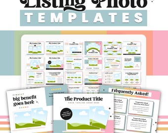 May include: A collection of listing photo templates with the text "Listing Photo Templates" in a retro font. The templates include various layouts for product photos, titles, and frequently asked questions, with a pastel color scheme.