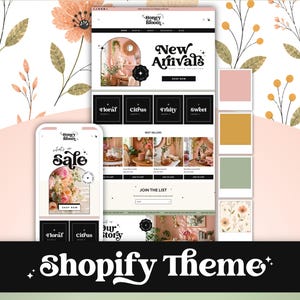 May include: A digital Shopify theme display featuring a desktop and mobile website interface for Honey Bloom. The design includes a floral background, a color palette of pink, mustard, and sage green, and text elements like New Arrivals and Shop Now.
