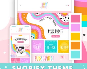 May include: A digital display of a Shopify theme for Pixie Prints featuring a colorful website layout with rainbow graphics, pink, orange, yellow, and teal accents, navigation menus, product category boxes, and a vertical color palette swatch bar.