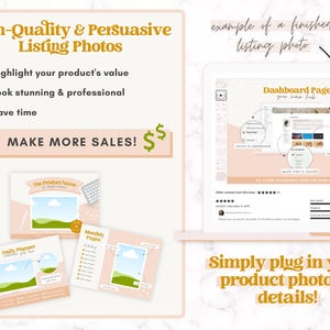 May include: A digital mockup of a printable planner with a pink background and a green landscape scene. The planner includes a dashboard page, daily planner, and monthly pages. The text "Dashboard Page", "Daily Planner", and "Monthly Pages" is visible on the pages. The text "The Product Name" is visible on the dashboard page. The text "Simply plug in your product photos & details!" is visible at the bottom of the image.