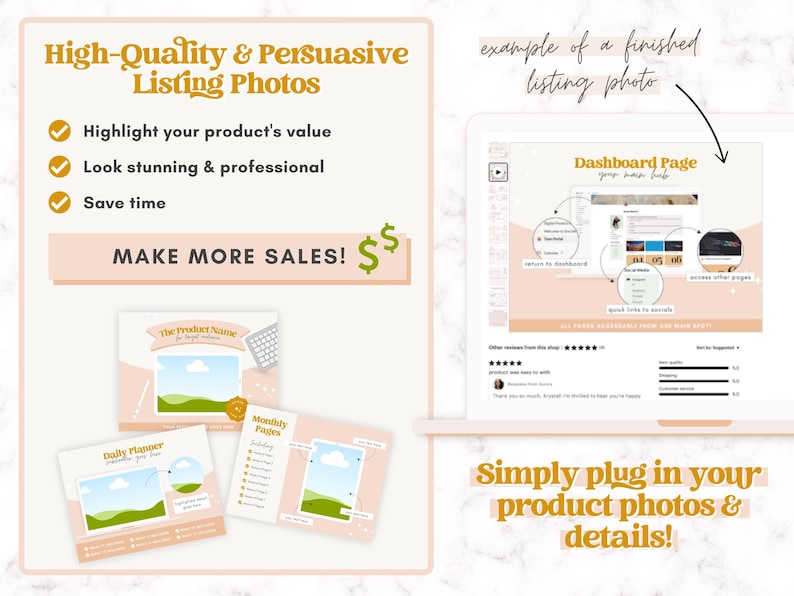 May include: A digital mockup of a printable planner with a pink background and a green landscape scene. The planner includes a dashboard page, daily planner, and monthly pages. The text "Dashboard Page", "Daily Planner", and "Monthly Pages" is visible on the pages. The text "The Product Name" is visible on the dashboard page. The text "Simply plug in your product photos & details!" is visible at the bottom of the image.