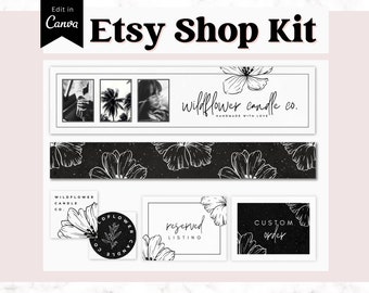 Pode incluir: Um design de kit de loja Etsy com um tema floral em preto e branco. O kit inclui um banner, um logotipo e outros elementos de design. O texto inclui "wildflower candle co." e "CUSTOM order".
