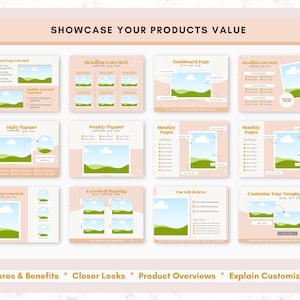 May include: A digital planner template with a pink and green color scheme. The template includes pages for daily, weekly, and monthly planning, as well as a dashboard page and a page for customizing the template.
