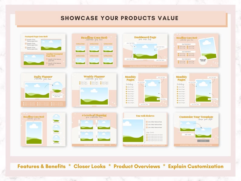 May include: A digital planner template with a pink and green color scheme. The template includes pages for daily, weekly, and monthly planning, as well as a dashboard page and a page for customizing the template.
