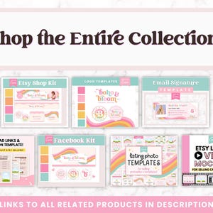 K&ouml;nnte beinhalten: Eine Sammlung digitaler Produktvorlagen f&uuml;r Etsy-Verk&auml;ufer, darunter ein Etsy-Shop-Kit, Logo-Vorlagen, eine E-Mail-Signaturvorlage, ein Facebook-Kit, Vorlagen f&uuml;r Produktfotos und Etsy-Video-Mockups f&uuml;r Produktlistings. Die Vorlagen haben ein Regenbogen-Design mit dem Text "Boho & Bloom" und "Baby & Wishes".