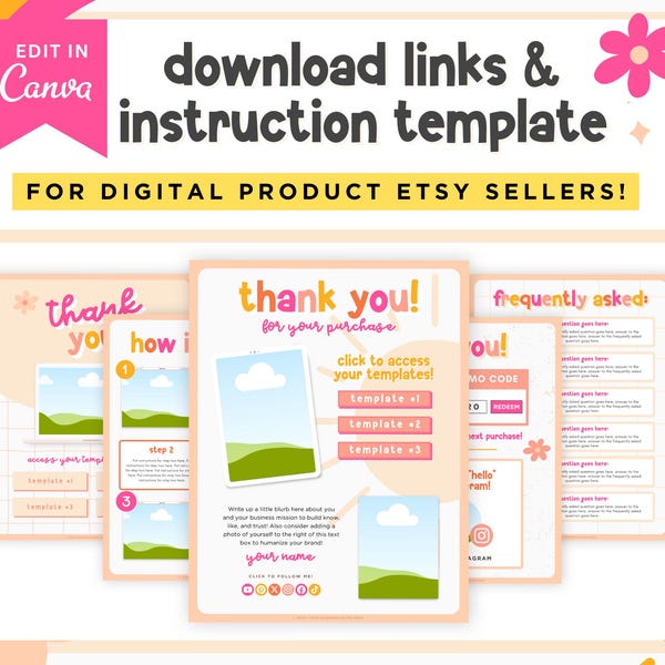 Digital Download Instruction Template Pink, Bright Etsy Digital Product Thank You Template, Digital Download Link Canva Instruction Template