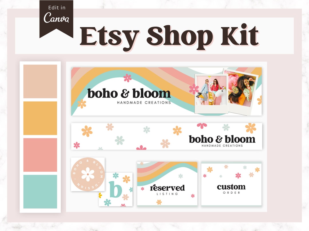 Boho Rainbow Etsy Shop Kit | Pink Etsy Banner Template Canva | Retro ...