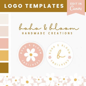 May include: A logo template for a business called "boho & bloom" that specializes in handmade creations. The logo features a pink circle with a white daisy and the text "boho & bloom" in gold. The text "handmade creations" is also in gold. The logo is surrounded by a white background with a pattern of white daisies on a pink background.