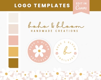 Daisy Logo Design for Canva, Cozy Logo Design Simple, Rustic Floral Branding, Feminine DIY Logo Template, Editable Boho Logo Design