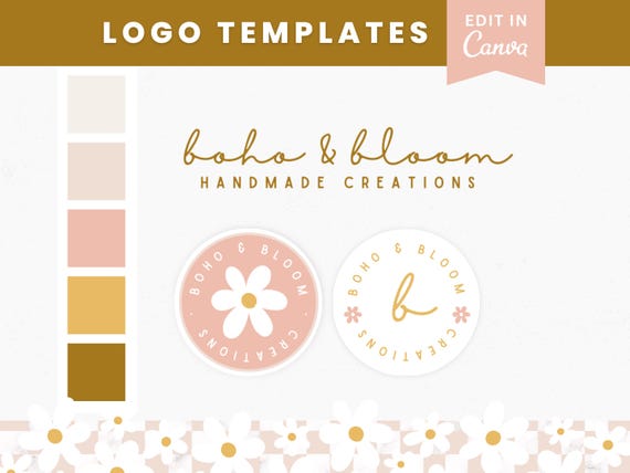 Daisy Logo Design for Canva, Cozy Logo Design Simple, Rustic Floral Branding, Feminine DIY Logo Template, Editable Boho Logo Design